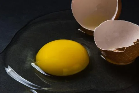 Egg on a black background. Broken chicken egg.  Stock Photos