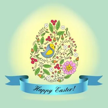 Egg with a blue ribbon. easter greeting card Stock Illustration