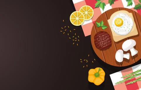 Egg Bread Meat on Cooking Table Kitchen Backdrop Illustration Stock Illustration