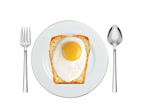Egg with bread on plate isolated on white Foto stock