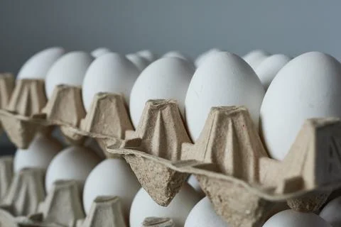 Egg cartons on gray background. Eggs in close-up. Stock Photos