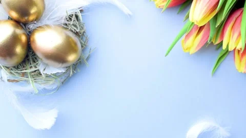 Egg color. Happy Easter decoration: golden colour eggs in basket with spring Stock Footage 149017313