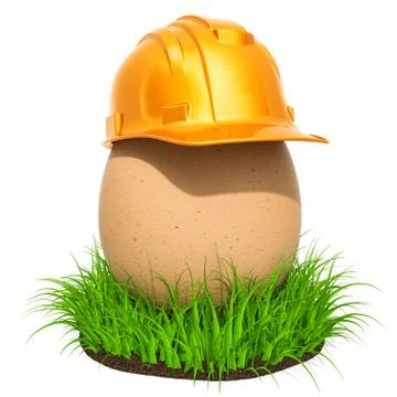 Egg with construction hardhat in the green grass, 3D rendering Stock Illustration