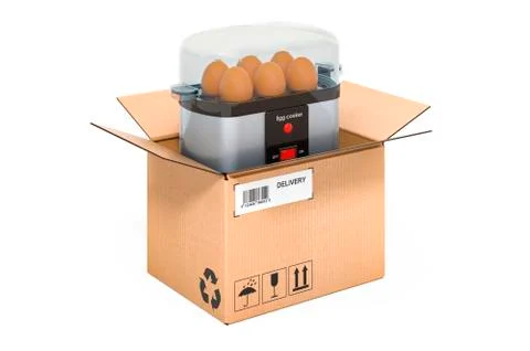 Egg cooker inside cardboard box, delivery concept. 3D rendering 스톡 일러스트