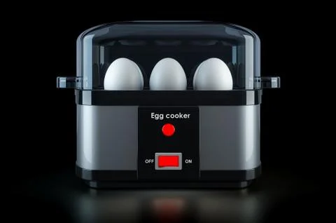 Egg cooker or egg boiler with eggs on black background, 3D rendering Illustrazione stock