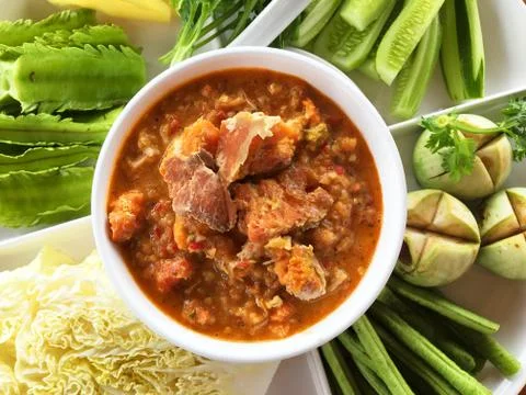 Egg Crab chili dip sauce with vegetable. Stock Photos