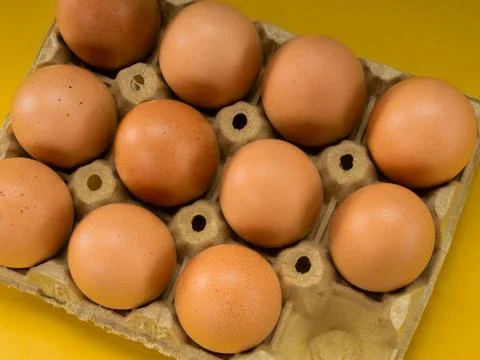 Egg cup full of eggs on a yellow background Stock Photos