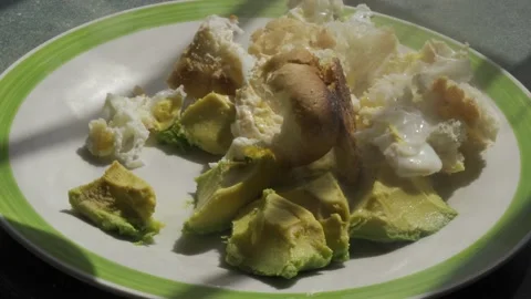 An egg dish is served plate with avocado pieces, the bright sun shines brightly. Stock Footage 232785880