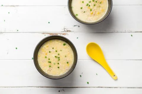 Egg drop corn soup top view. Stock Photos