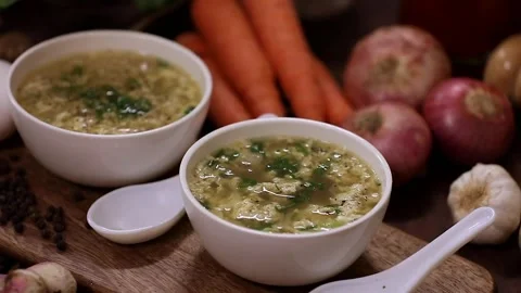 Egg Drop Soup Chinese Style Two Bowls Broth Closeup Stock Footage 333192967