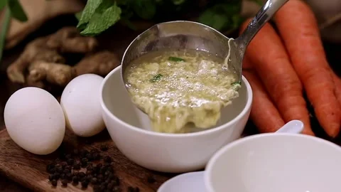 Egg Drop Soup Chinese Style Two Bowls Broth Closeup Stock Footage 333192970