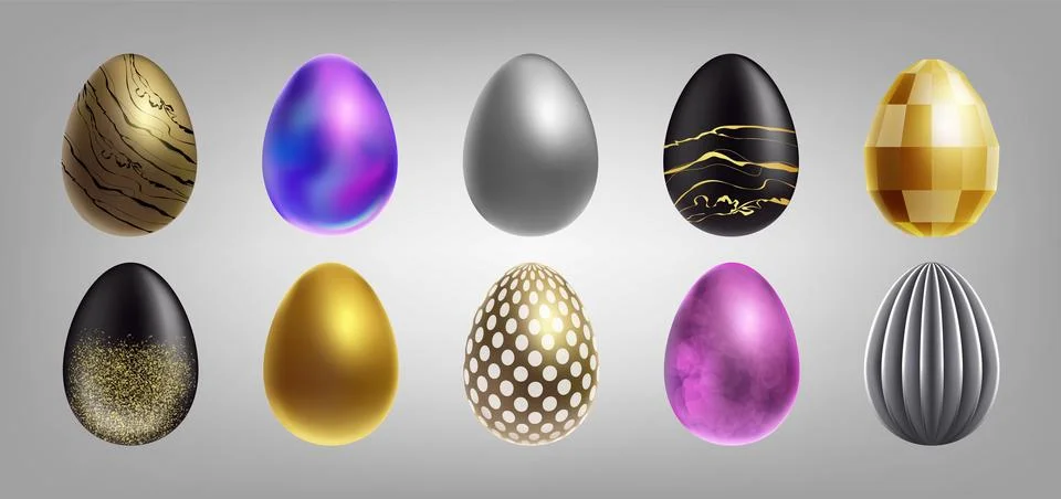 Egg easter 3d. Gold metal realistic for spring decorating. Happy golden orn.. Stock Illustration