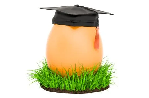 Egg with education hat in the green grass, 3D rendering Illustrazione stock