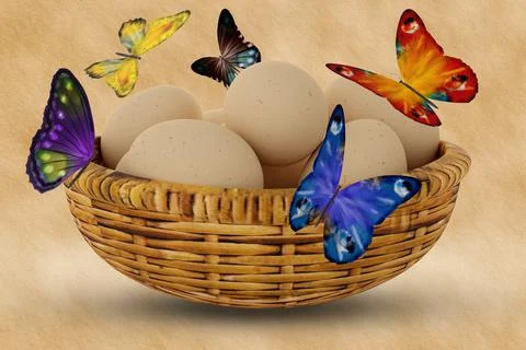 Egg, egg basket. Spring, eggs and butterflies. Easter - 3D Illustration Stock Illustration