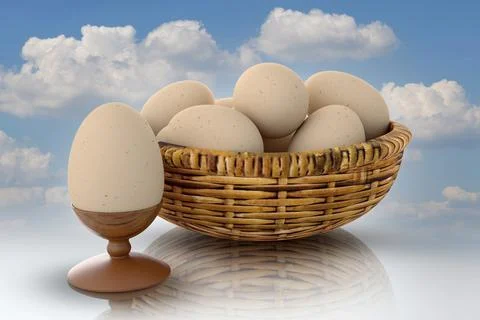 Egg, egg basket. Spring, eggs and butterflies. Easter - 3D Illustration 스톡 일러스트