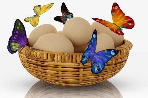 Egg, egg basket. Spring, eggs and butterflies. Easter - 3D Illustration Stock Illustration