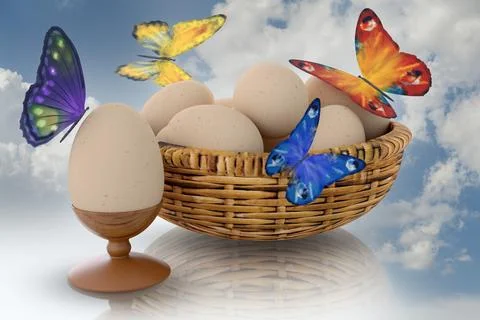 Egg, egg basket. Spring, eggs and butterflies. Easter - 3D Illustration 스톡 일러스트
