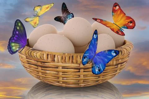 Egg, egg basket. Spring, eggs and butterflies. Easter - 3D Illustration 스톡 일러스트