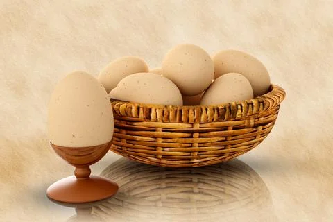 Egg, egg basket. Spring, eggs and butterflies. Easter - 3D Illustration Stock Illustration