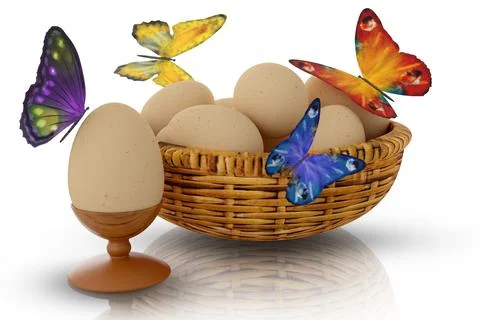 Egg, egg basket. Spring, eggs and butterflies. Easter - 3D Illustration Illustrazione stock