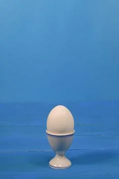 An egg in an egg cup. on a blue background. Stock Photos