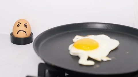 Egg emotions. Preparing breakfast. Frying an egg in a pan. Cooking Video stock 253066416