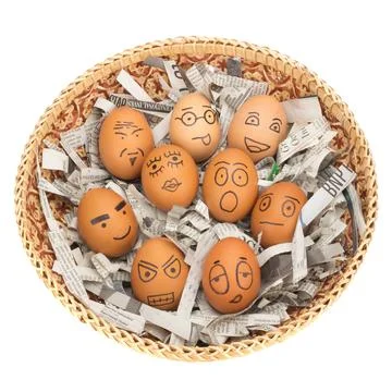Egg face in basket. newspapers. orphaned. dumped Stock Photos
