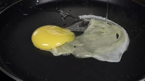 Egg falling on frying pan, 480 fps slow motion Stock Footage 86915801