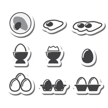 Egg, fried egg, egg box icons set Stock Illustration