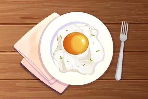 Egg fried on plate, kitchen wooden table top view decorated with tablecloth in Illustrazione stock