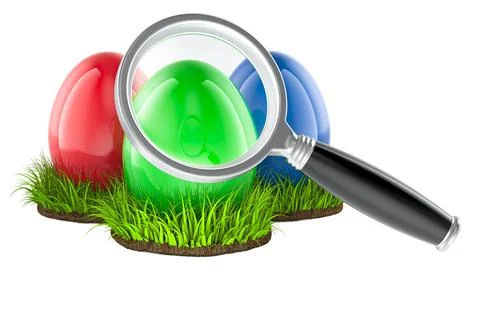 Egg hunt, concept. Easter Eggs with loupe. 3D rendering Illustrazione stock