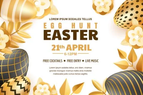 Egg hunt Easter banner, poster or flyer template. Vector 3d gold and black re Stock Illustration