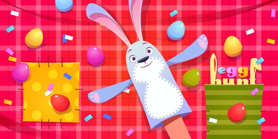 Egg hunt, Easter celebration with bunny puppet Stock Illustration
