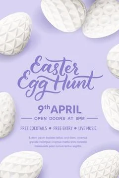 Egg hunt Easter holiday party poster banner template. Vector eggs with 3d g.. Stock Illustration