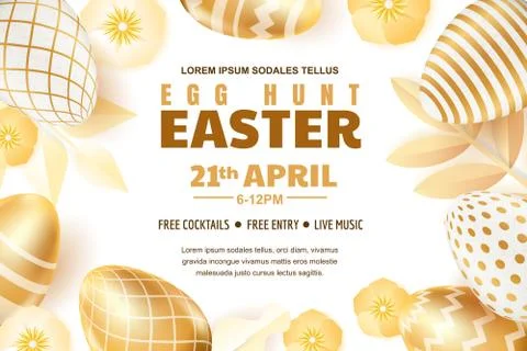 Egg hunt Easter poster, banner or flyer template. Vector layout. Gold eggs wi Illustrazione stock