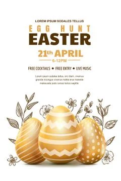 Egg hunt Easter poster or banner template. Vector illustration. 3d gold reali Stock Illustration