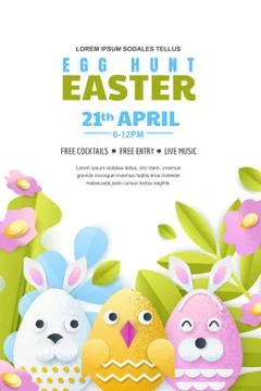 Egg hunt Easter vertical poster layout. Vector holiday banner or flyer templa Stock Illustration