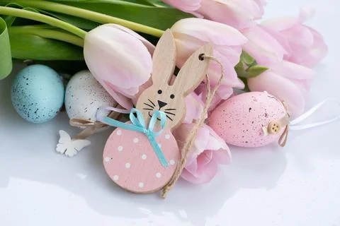 Egg hunt with Easter white bunny Stock Photos