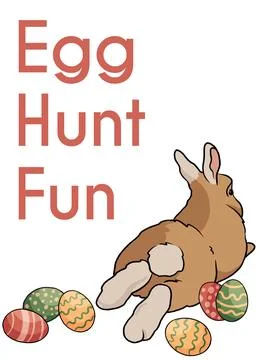 Egg hunt fun Easter card with rabbit Bunny and eggs. Greeting card hand drawn  Stock Illustration