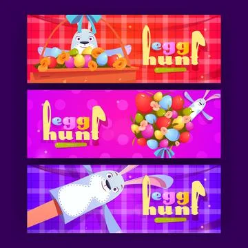 Egg hunt, happy Easter banners with rabbit toys Stock Illustration