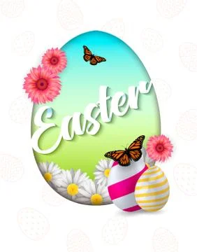 Egg hunt. Happy easter. Spring is here. Trend lettering in white egg. Vector Stock Illustration