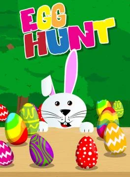 Egg hunt invitation, Easter bunny with colored eggs on a desk and the backgro Illustrazione stock