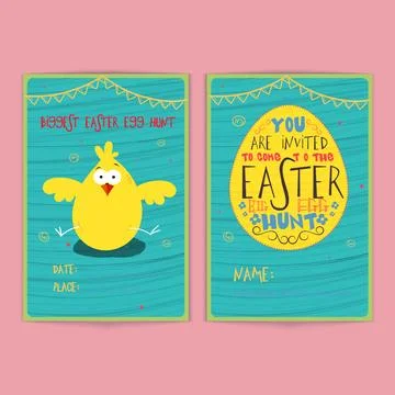 Egg Hunt or Easter Invitation Card Design Set with Egg and Cute Chick Carto.. Stock Illustration