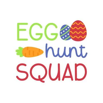 Egg Hunt Squad Sticker Design with Colorful Easter Eggs and Carrot Stock-Illustration