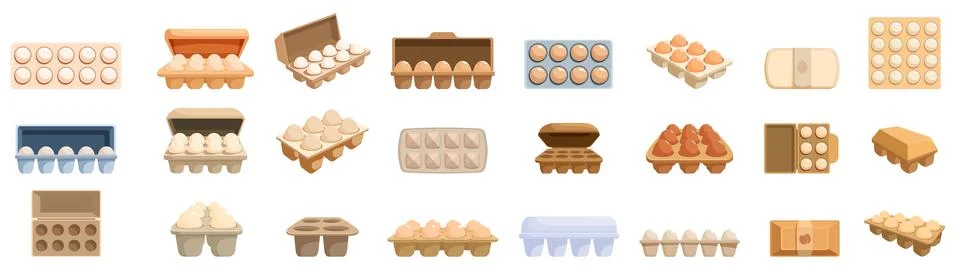 Egg package icons set. Different types of egg boxes with varying numbers of w Stock Illustration