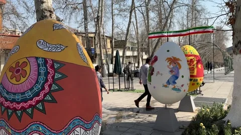 Egg pattern and decoration in urban landscape on New Year Persian Nowruz Stock Footage 316203637