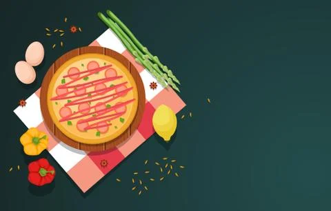 Egg Pizza Vegetables on Cooking Table Kitchen Backdrop Illustration Stock Illustration