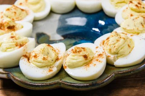 Egg plate with deviled eggs 스톡 사진