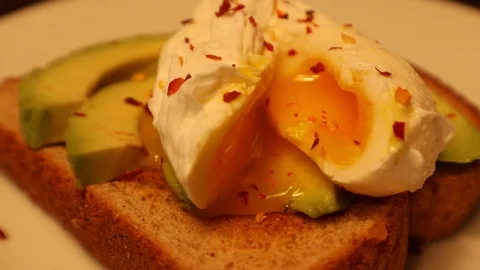 Egg Poached Avocado Toast Knife Cut Fork Remove Real Time Motion Stock Footage 127260585