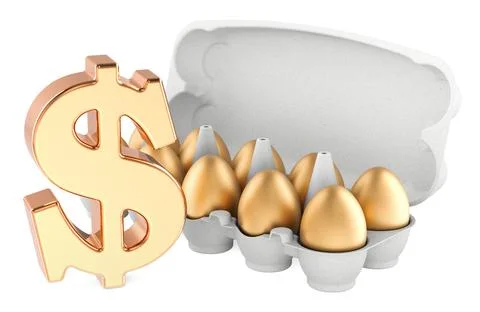 Egg Prices, concept. Golden Eggs in an egg carton with dollar sign, 3D rend.. Stock Illustration
